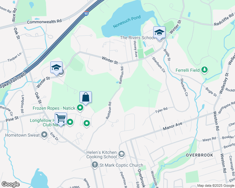 map of restaurants, bars, coffee shops, grocery stores, and more near 31 Rathbun Road in Natick