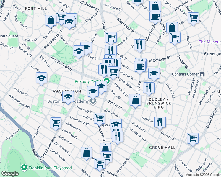 map of restaurants, bars, coffee shops, grocery stores, and more near 392 Warren Street in Boston
