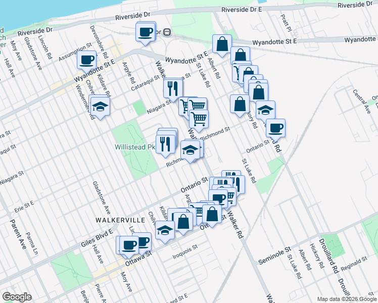 map of restaurants, bars, coffee shops, grocery stores, and more near 1074 Monmouth Road in Windsor