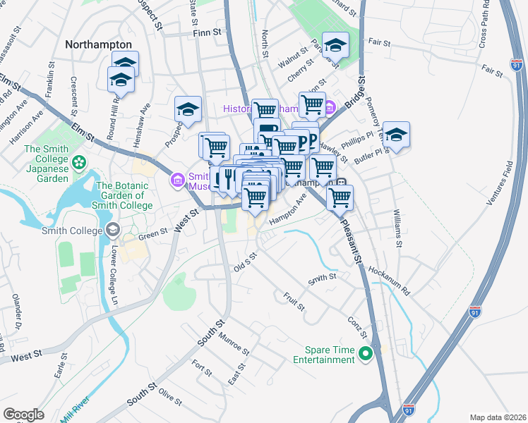 map of restaurants, bars, coffee shops, grocery stores, and more near 184 Main Street in Northampton