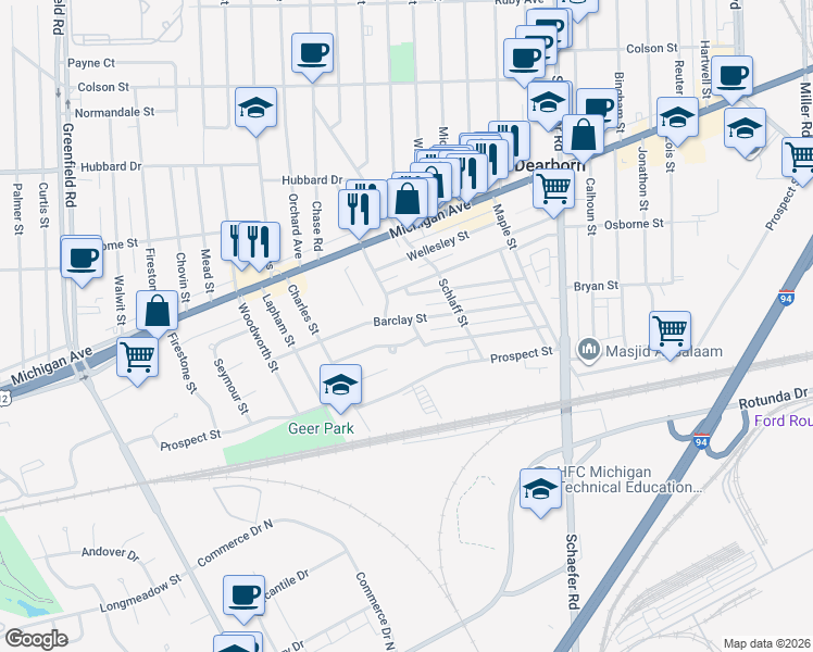 map of restaurants, bars, coffee shops, grocery stores, and more near 4200 Roemer Avenue in Dearborn