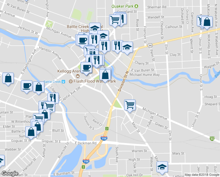 map of restaurants, bars, coffee shops, grocery stores, and more near 67 Michigan Avenue East in Battle Creek