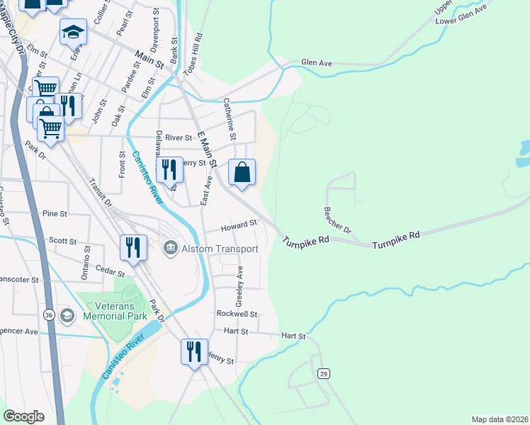 map of restaurants, bars, coffee shops, grocery stores, and more near 144 East Main Street in Hornell