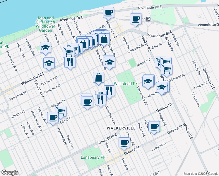 map of restaurants, bars, coffee shops, grocery stores, and more near in Windsor