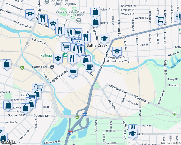 map of restaurants, bars, coffee shops, grocery stores, and more near 67 East Michigan Avenue in Battle Creek