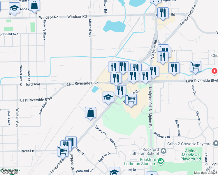 map of restaurants, bars, coffee shops, grocery stores, and more near 1521 East Riverside Boulevard in Loves Park