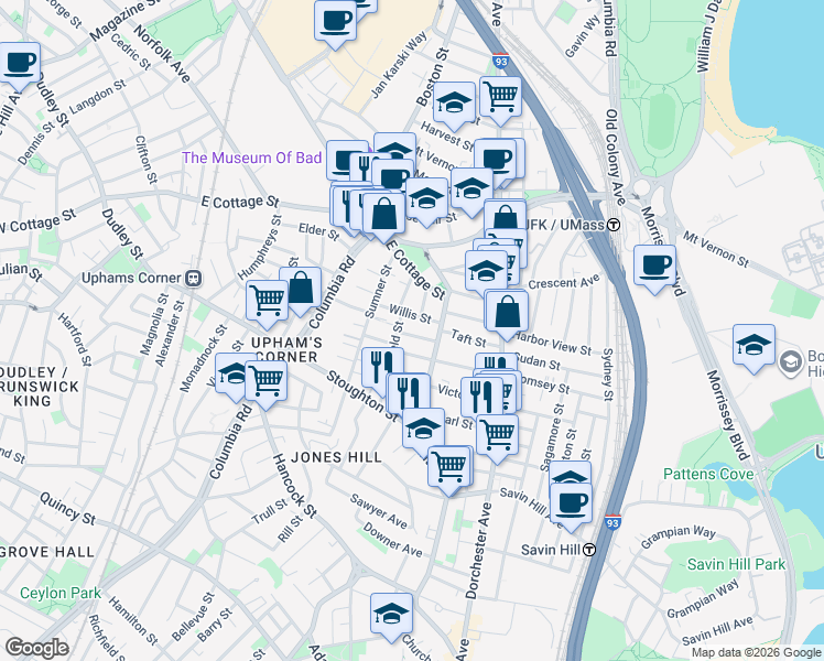 map of restaurants, bars, coffee shops, grocery stores, and more near 9 Willis Street in Boston