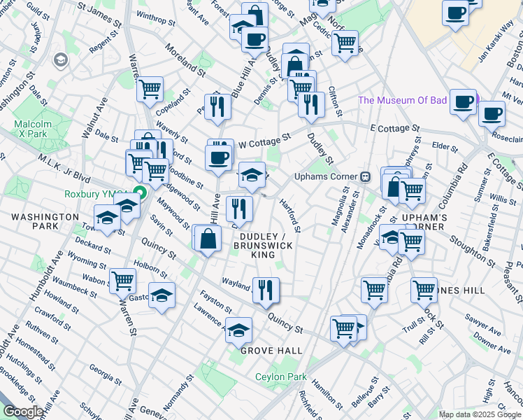 map of restaurants, bars, coffee shops, grocery stores, and more near 79 Howard Avenue in Boston