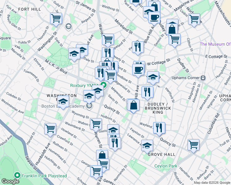 map of restaurants, bars, coffee shops, grocery stores, and more near 24-30 Maywood Street in Boston