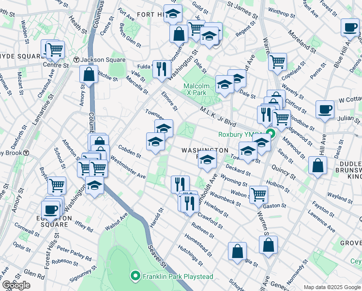 map of restaurants, bars, coffee shops, grocery stores, and more near 250 Walnut Avenue in Boston