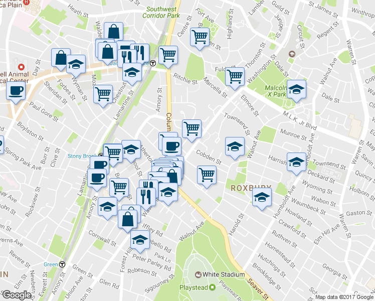 map of restaurants, bars, coffee shops, grocery stores, and more near 2984 Washington Street in Boston