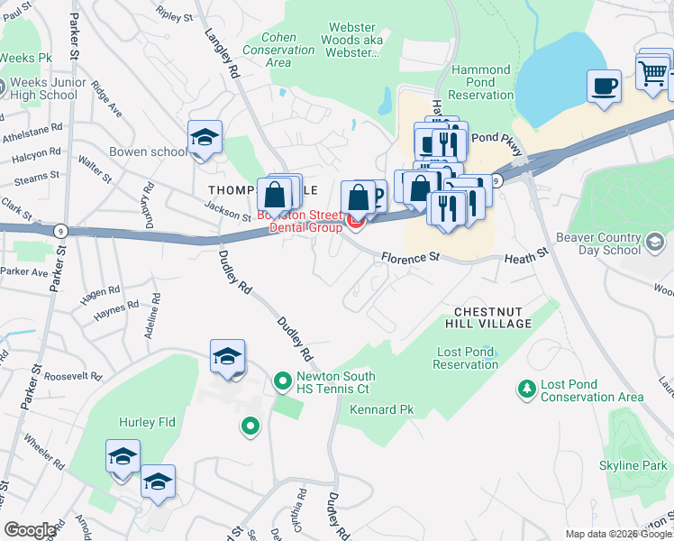 map of restaurants, bars, coffee shops, grocery stores, and more near 11 Tanglewood Road in Newton