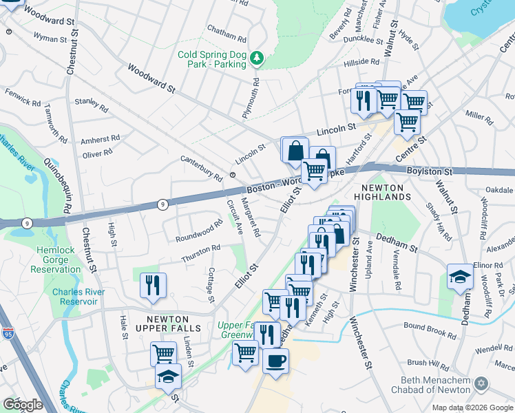 map of restaurants, bars, coffee shops, grocery stores, and more near 14 Margaret Road in Newton