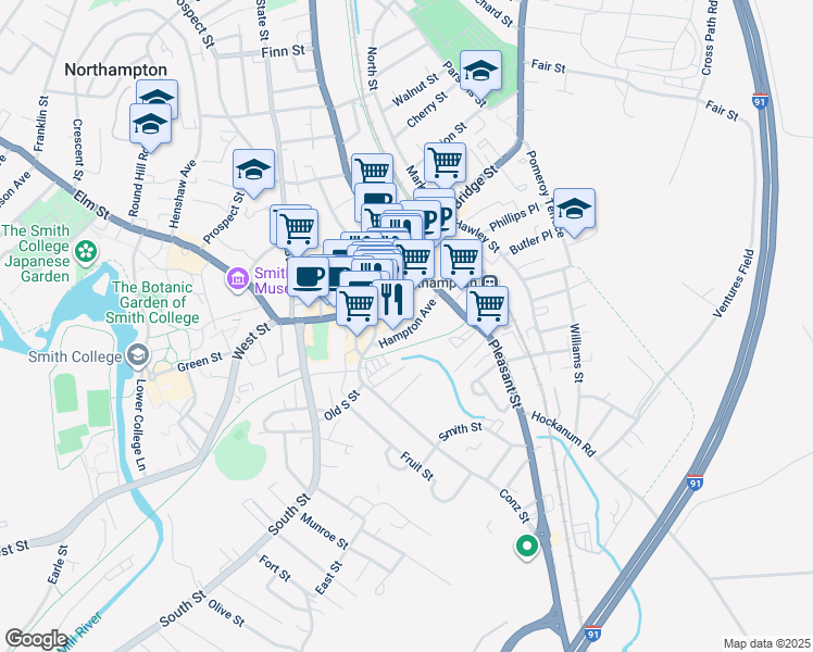 map of restaurants, bars, coffee shops, grocery stores, and more near 85 Hampton Avenue in Northampton