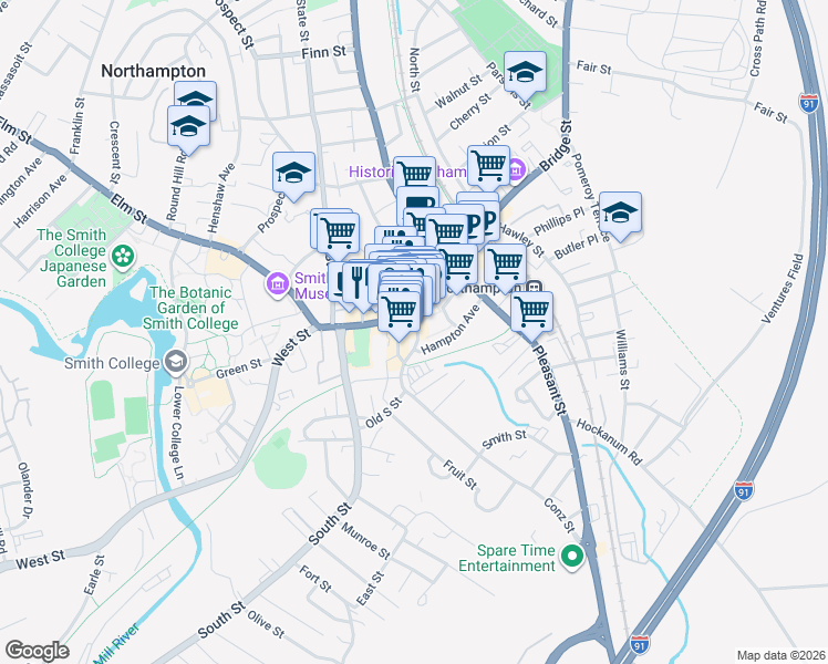 map of restaurants, bars, coffee shops, grocery stores, and more near 184 Main Street in Northampton