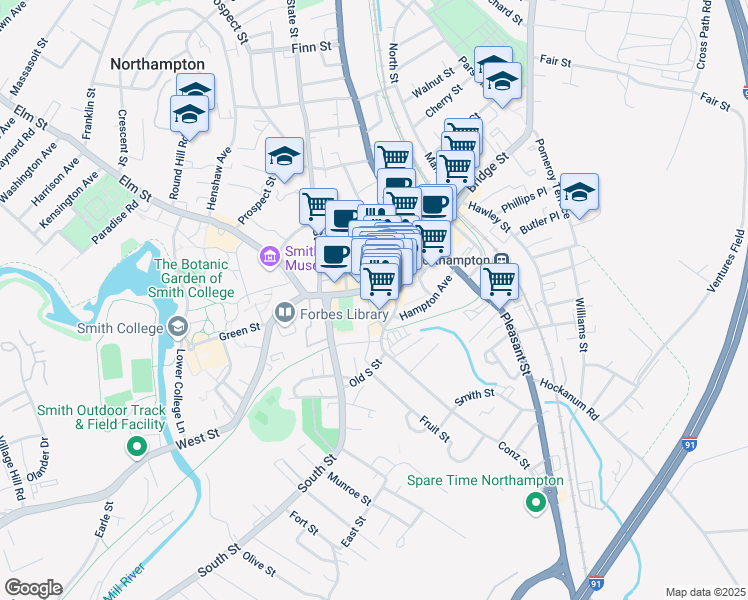 map of restaurants, bars, coffee shops, grocery stores, and more near 184 Main Street in Northampton