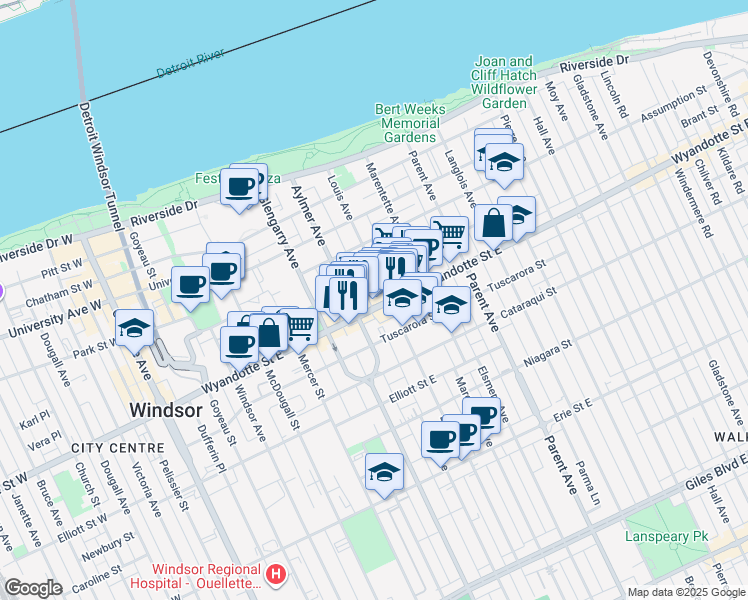 map of restaurants, bars, coffee shops, grocery stores, and more near 671 Brant Street in Windsor