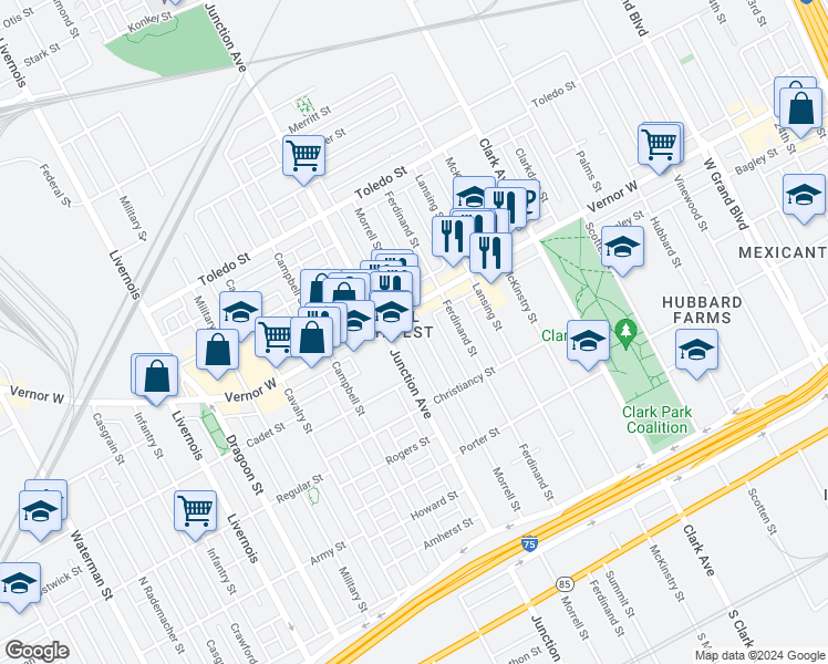 map of restaurants, bars, coffee shops, grocery stores, and more near 1654 Morrell Street in Detroit
