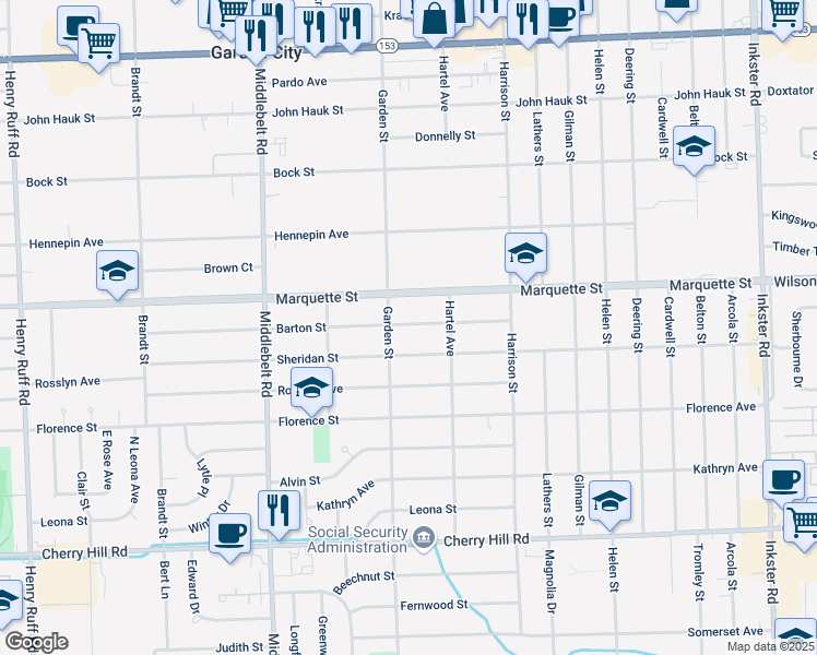 map of restaurants, bars, coffee shops, grocery stores, and more near 28720 Barton Street in Garden City