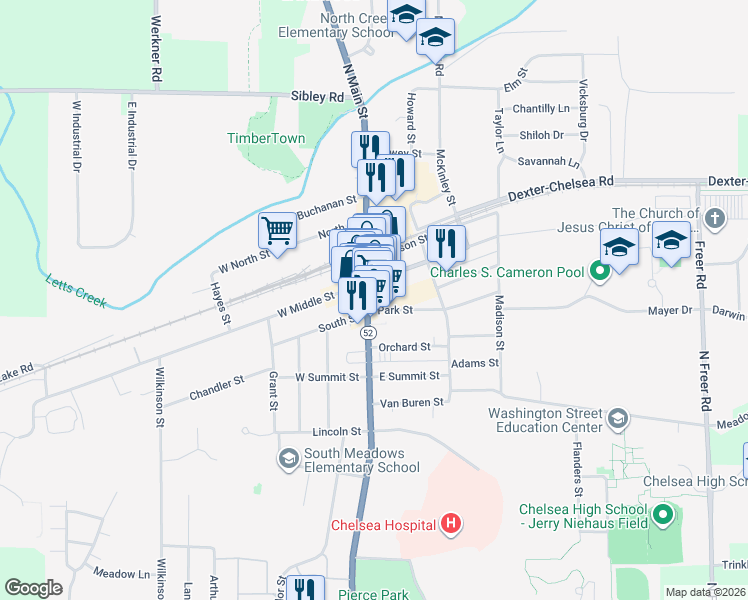 map of restaurants, bars, coffee shops, grocery stores, and more near 115 South Main Street in Chelsea