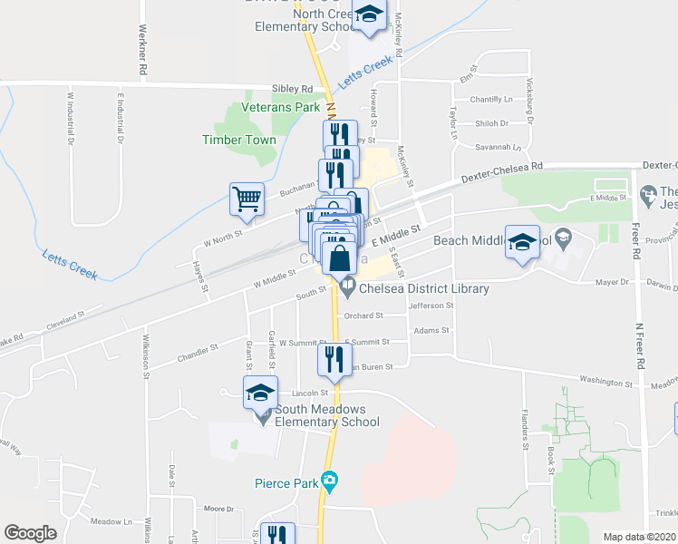 map of restaurants, bars, coffee shops, grocery stores, and more near 115 South Main Street in Chelsea
