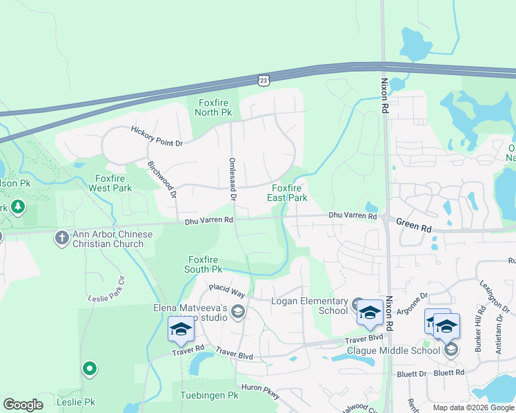 map of restaurants, bars, coffee shops, grocery stores, and more near 3091 Deer Creek Court in Ann Arbor