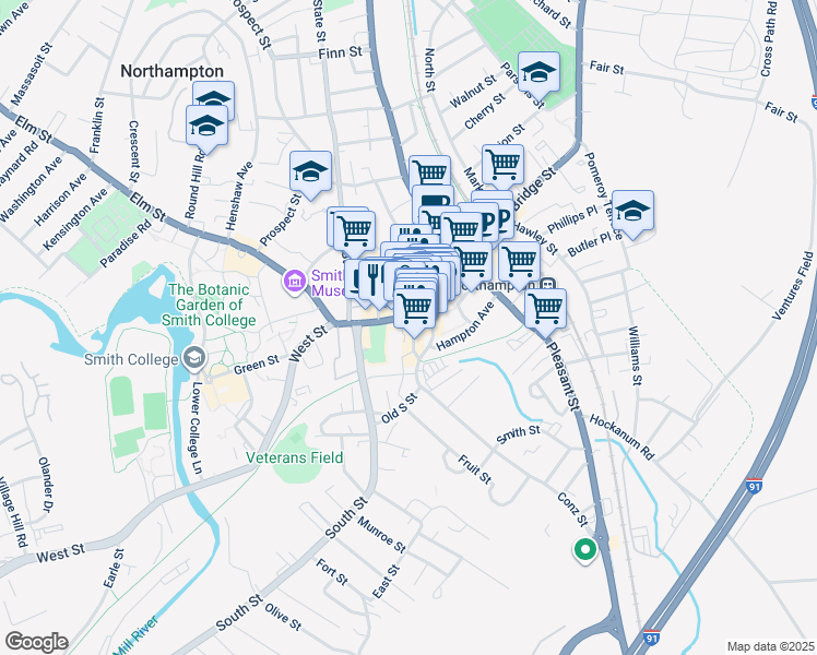 map of restaurants, bars, coffee shops, grocery stores, and more near 210 Main Street in Northampton