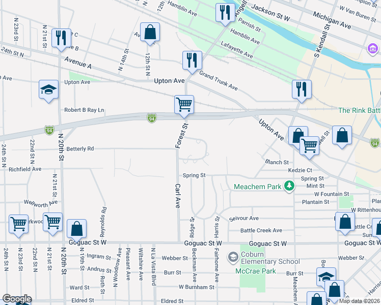 map of restaurants, bars, coffee shops, grocery stores, and more near 180 Carl Avenue in Battle Creek