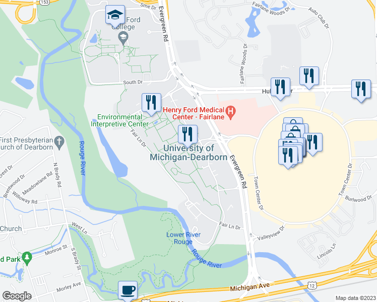 map of restaurants, bars, coffee shops, grocery stores, and more near 4901 Evergreen Road in Dearborn