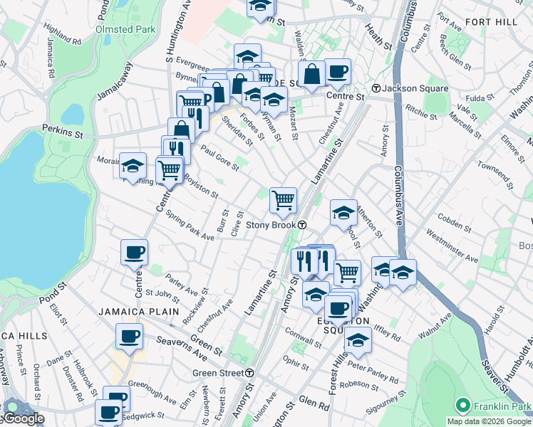 map of restaurants, bars, coffee shops, grocery stores, and more near Chestnut Avenue in Boston