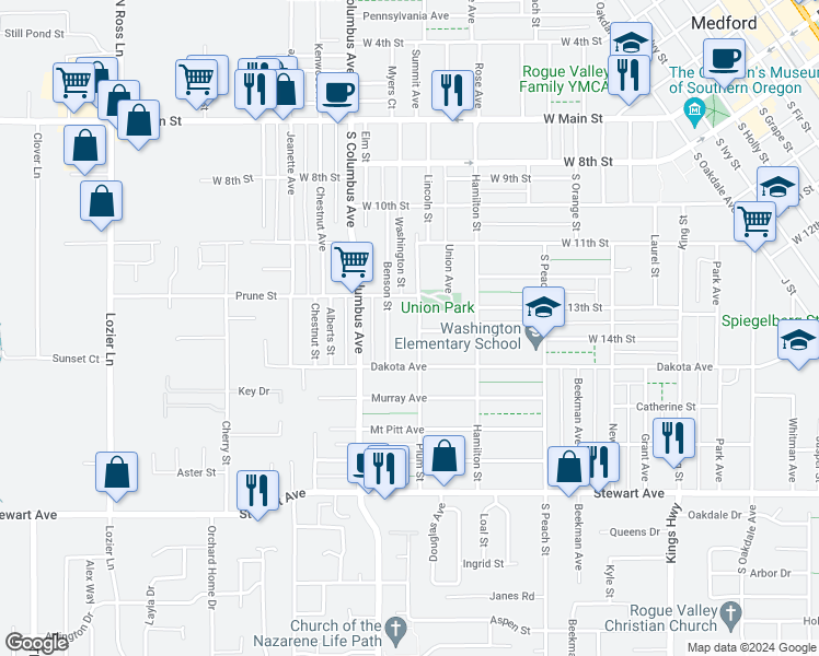 map of restaurants, bars, coffee shops, grocery stores, and more near 526 Plum Street in Medford