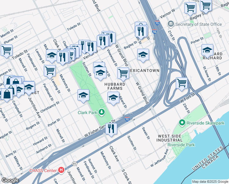 map of restaurants, bars, coffee shops, grocery stores, and more near 1241 Hubbard Street in Detroit