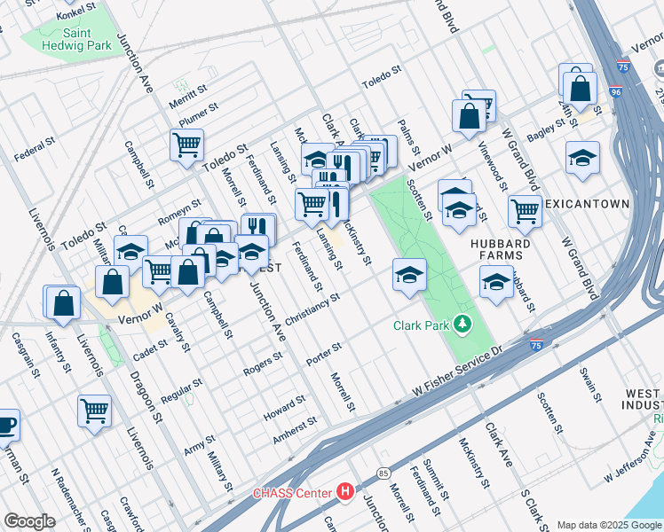 map of restaurants, bars, coffee shops, grocery stores, and more near 1578 Lansing Street in Detroit