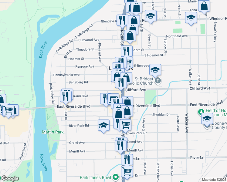 map of restaurants, bars, coffee shops, grocery stores, and more near 5952 North 2nd Street in Loves Park
