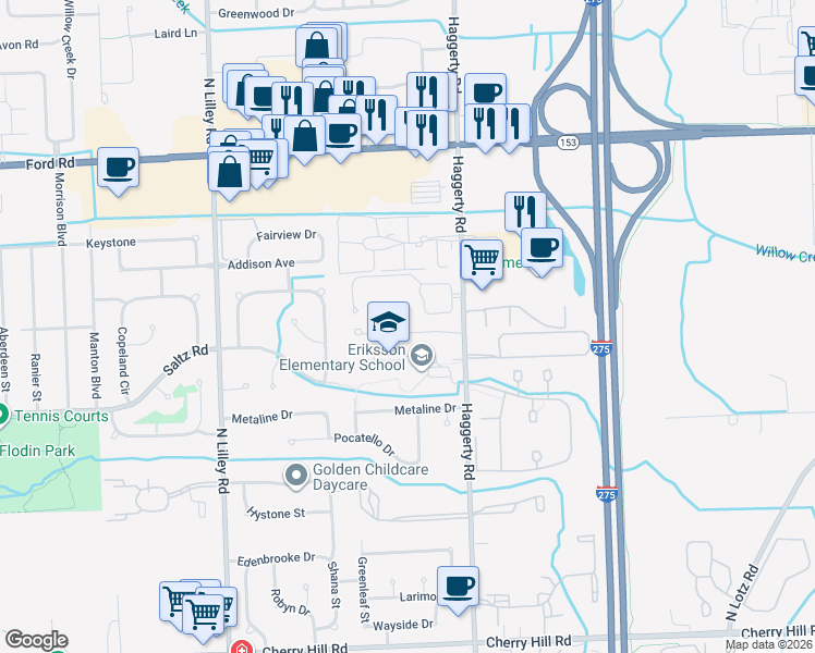 map of restaurants, bars, coffee shops, grocery stores, and more near 41534 Haggerty Woods Ct in Canton