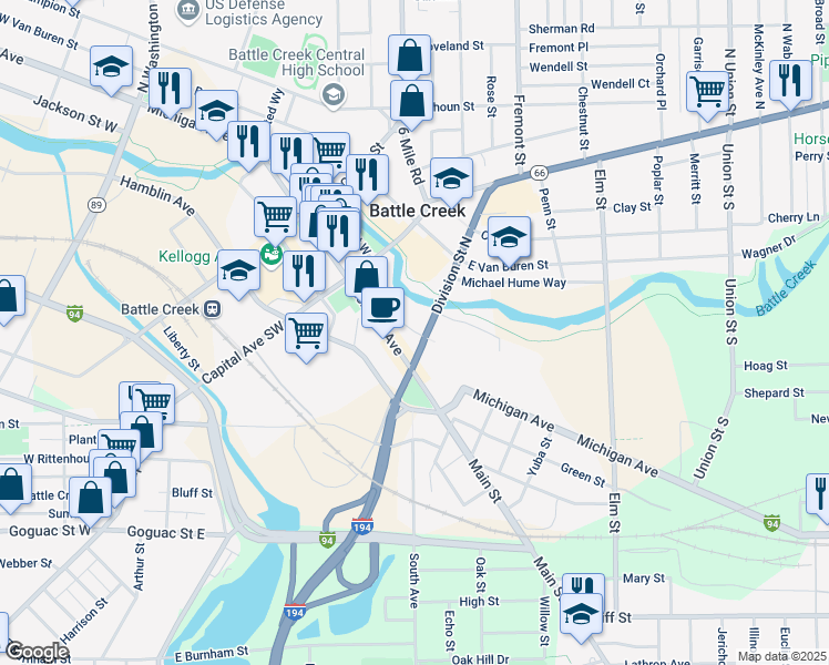 map of restaurants, bars, coffee shops, grocery stores, and more near East State Street in Battle Creek