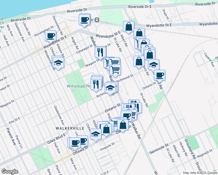 map of restaurants, bars, coffee shops, grocery stores, and more near 1074 Monmouth Road in Windsor