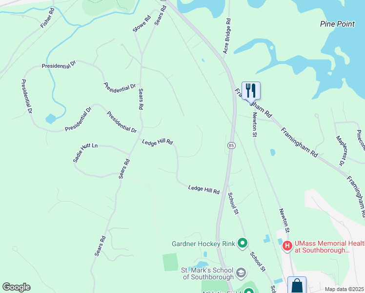 map of restaurants, bars, coffee shops, grocery stores, and more near 21 Ledge Hill Road in Southborough