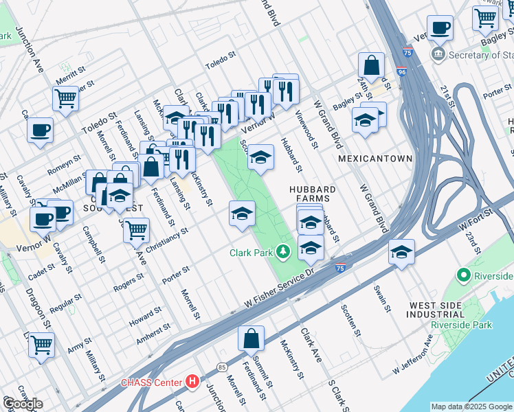 map of restaurants, bars, coffee shops, grocery stores, and more near 1130 Clark Avenue in Detroit