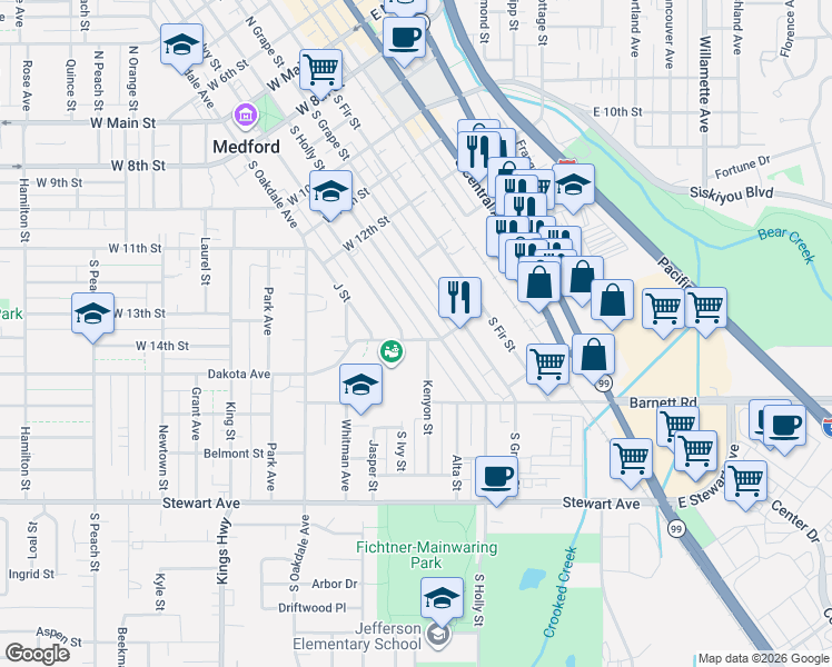 map of restaurants, bars, coffee shops, grocery stores, and more near 657 South Holly Street in Medford
