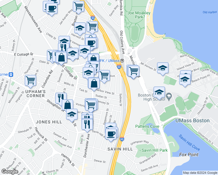 map of restaurants, bars, coffee shops, grocery stores, and more near 29 Raven Street in Boston