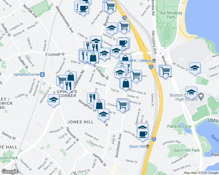 map of restaurants, bars, coffee shops, grocery stores, and more near 9 Willis Street in Boston