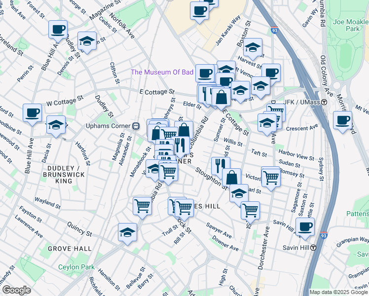 map of restaurants, bars, coffee shops, grocery stores, and more near 622 Columbia Road in Boston