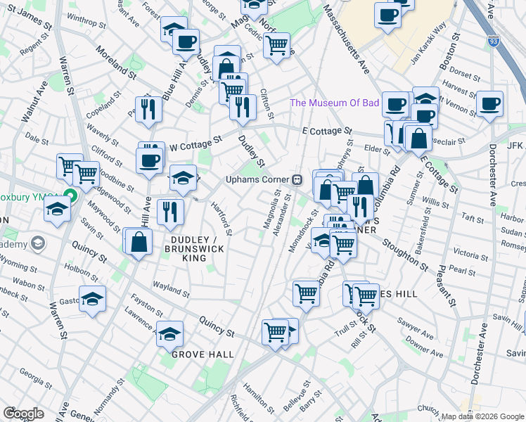 map of restaurants, bars, coffee shops, grocery stores, and more near 13 Robin Hood Street in Boston