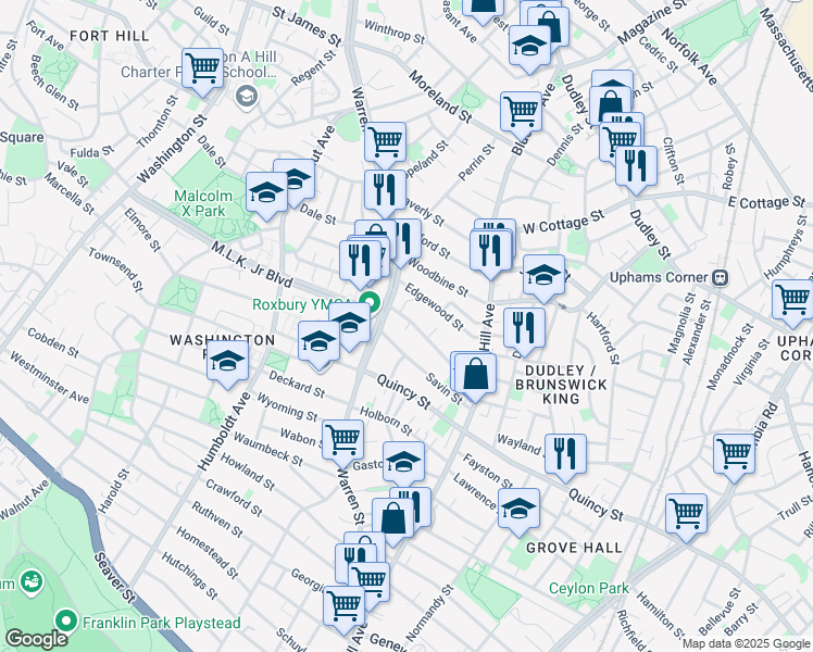 map of restaurants, bars, coffee shops, grocery stores, and more near 24-30 Maywood Street in Boston