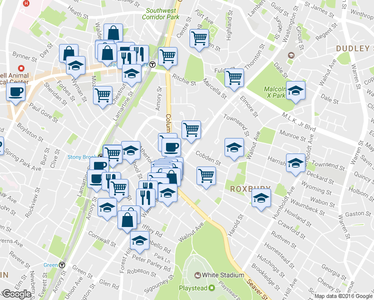 map of restaurants, bars, coffee shops, grocery stores, and more near 2984 Washington Street in Boston