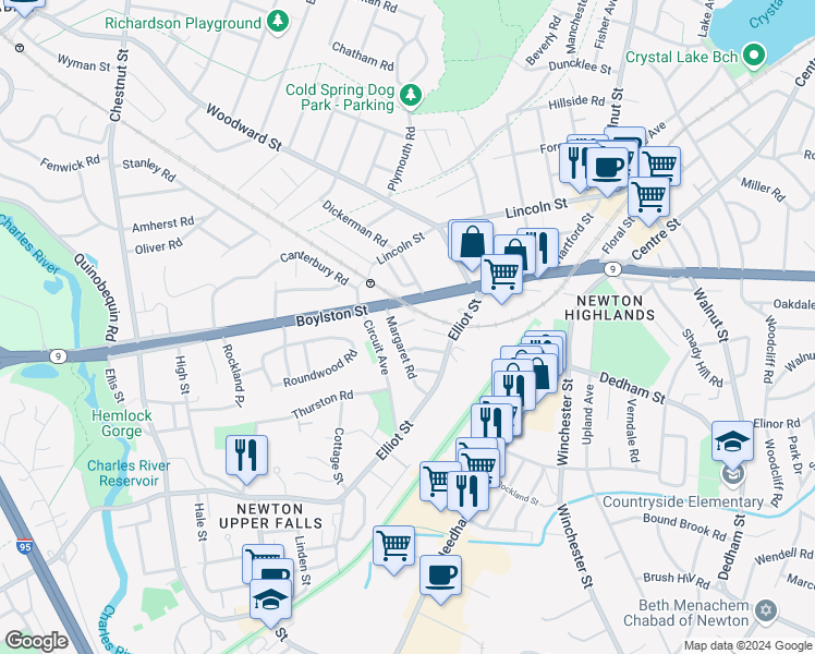map of restaurants, bars, coffee shops, grocery stores, and more near 14 Margaret Road in Newton
