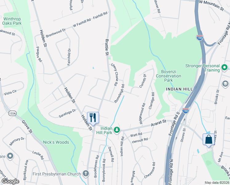 map of restaurants, bars, coffee shops, grocery stores, and more near 16 Chevy Chase Road in Worcester