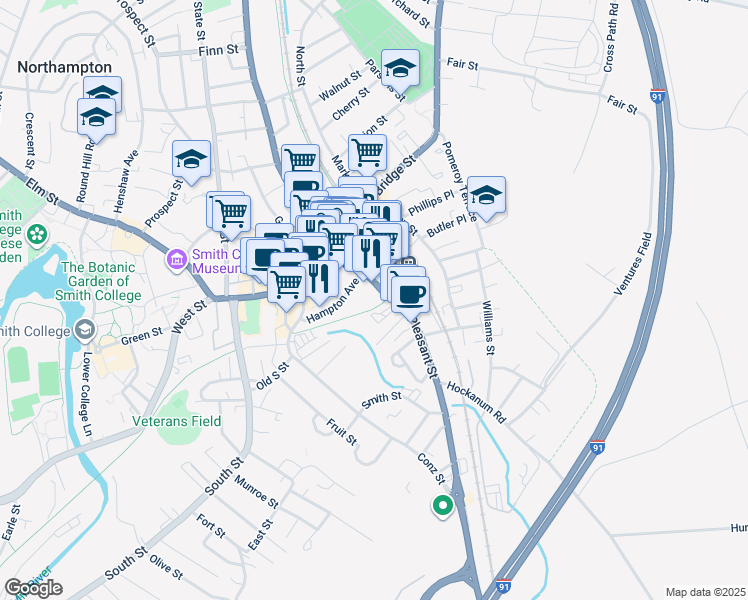 map of restaurants, bars, coffee shops, grocery stores, and more near 20 Hampton Avenue in Northampton