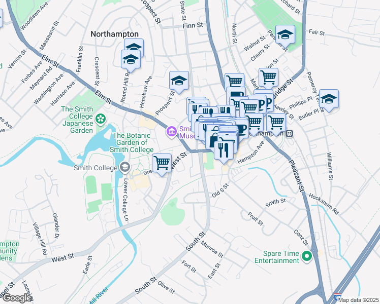 map of restaurants, bars, coffee shops, grocery stores, and more near 15 State Street in Northampton